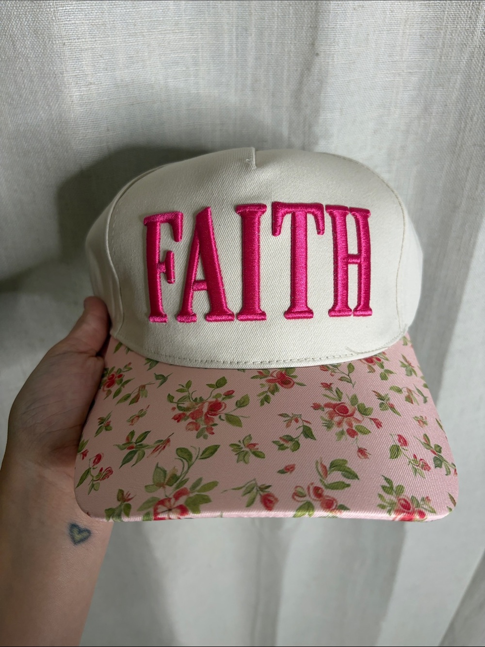 C.C Cream Cap with Hot Pink FAITH and Pink Floral Visor